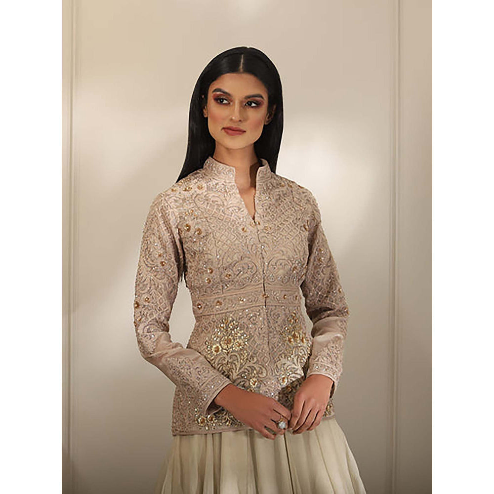 Omana by Ranjana Bothra Beige Organza Embroidered Jacket with Lehenga