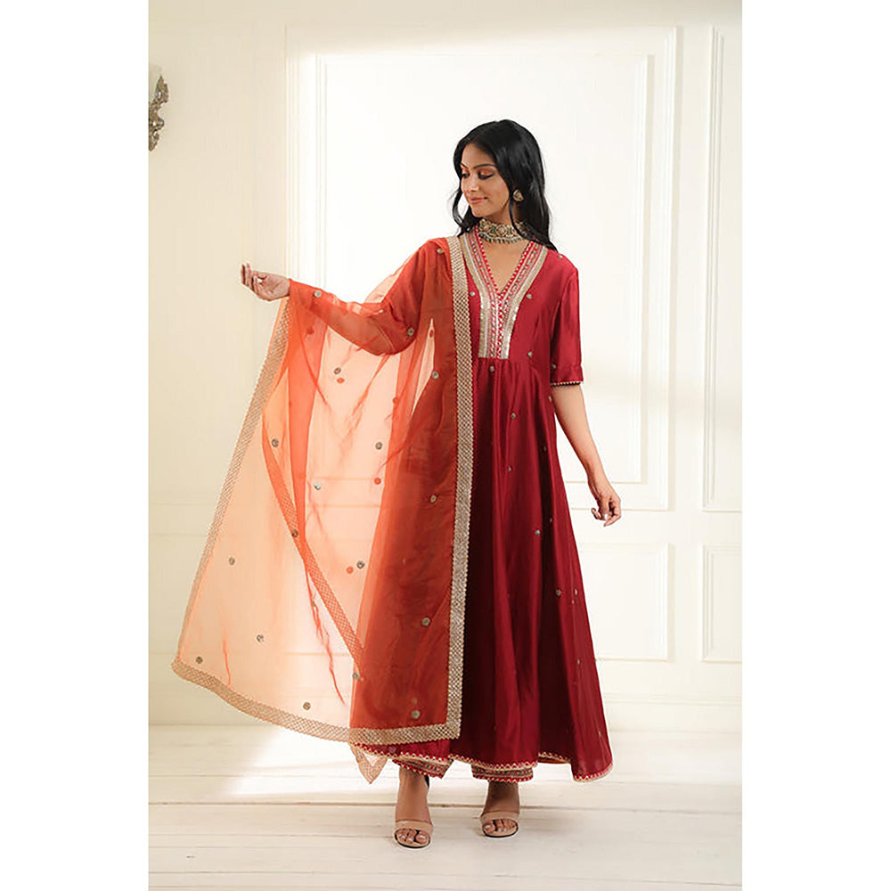 Omana by Ranjana Bothra Maroon Embroidered Half Sleeves V-Neck Anarkali With Pant And Dupatta