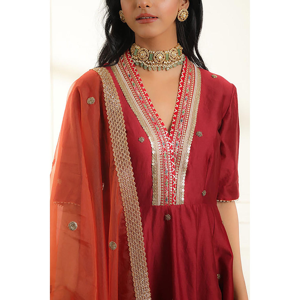 Omana by Ranjana Bothra Maroon Embroidered Half Sleeves V-Neck Anarkali With Pant And Dupatta