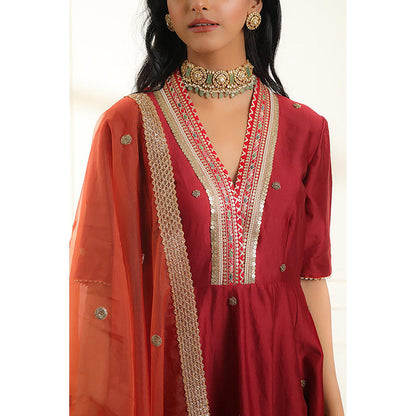 Omana by Ranjana Bothra Maroon Embroidered Half Sleeves V-Neck Anarkali With Pant And Dupatta