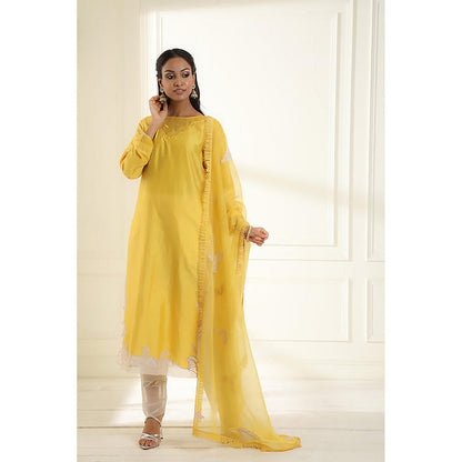 Omana by Ranjana Bothra Yellow Embroidered Boat Neck Kurta With Pant And Dupatta