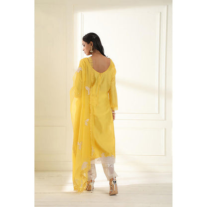 Omana by Ranjana Bothra Yellow Embroidered Boat Neck Kurta With Pant And Dupatta