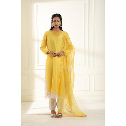 Omana by Ranjana Bothra Yellow Embroidered Boat Neck Kurta With Pant And Dupatta