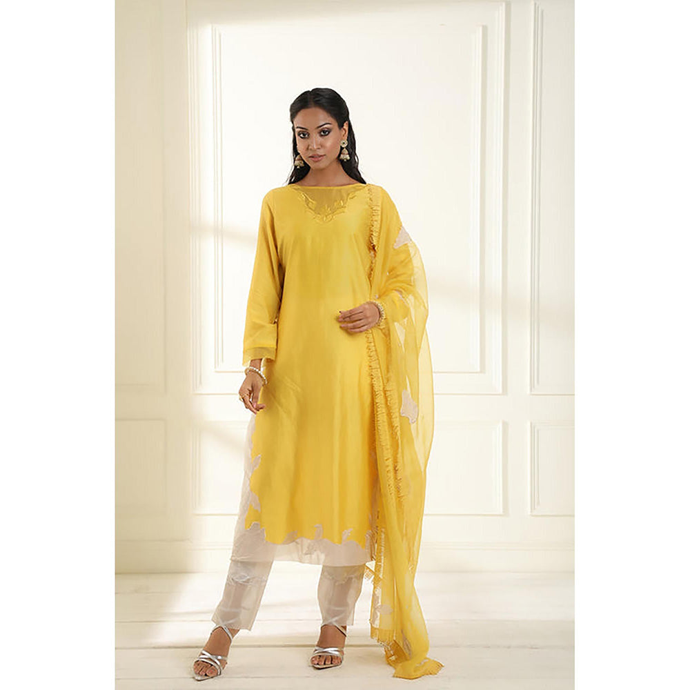 Omana by Ranjana Bothra Yellow Embroidered Boat Neck Kurta With Pant And Dupatta