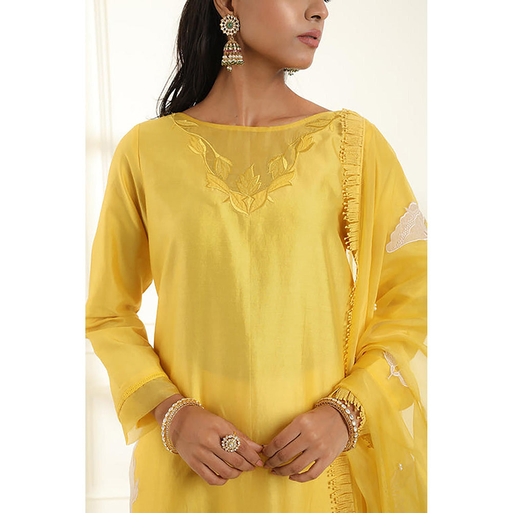 Omana by Ranjana Bothra Yellow Embroidered Boat Neck Kurta With Pant And Dupatta