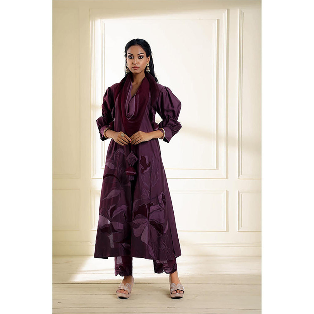 Omana by Ranjana Bothra Wine Embroidered Puff Sleeves Kurta With Pant And Dupatta