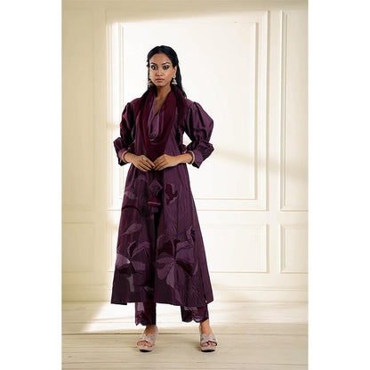 Omana by Ranjana Bothra Wine Embroidered Puff Sleeves Kurta With Pant And Dupatta