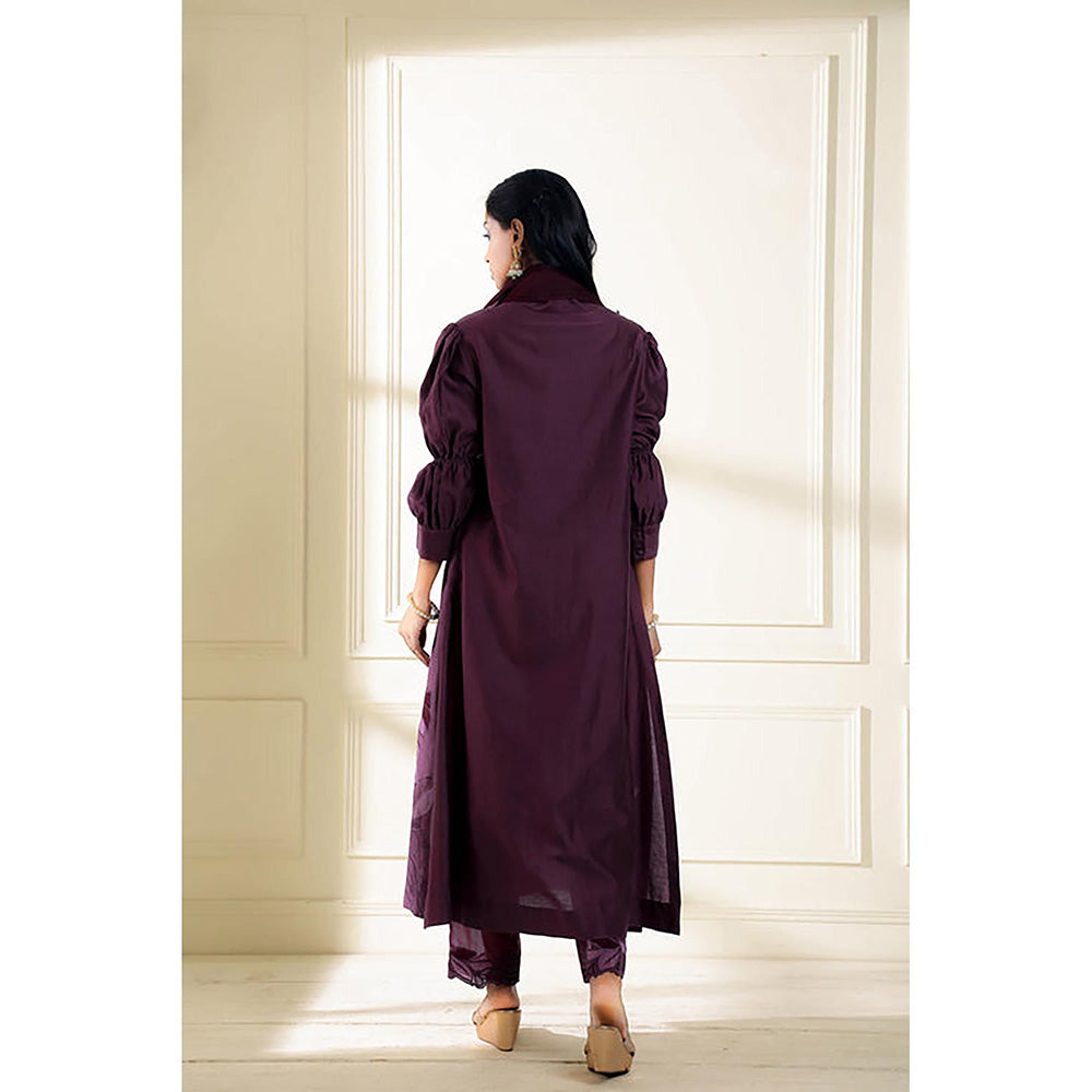 Omana by Ranjana Bothra Wine Embroidered Puff Sleeves Kurta With Pant And Dupatta