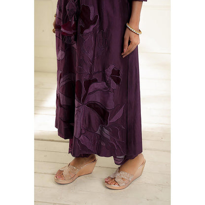 Omana by Ranjana Bothra Wine Embroidered Puff Sleeves Kurta With Pant And Dupatta
