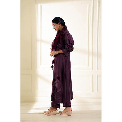 Omana by Ranjana Bothra Wine Embroidered Puff Sleeves Kurta With Pant And Dupatta