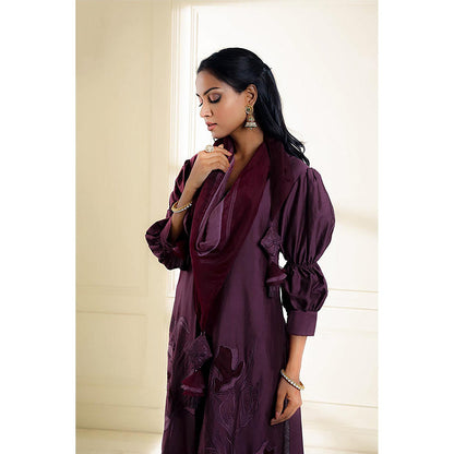 Omana by Ranjana Bothra Wine Embroidered Puff Sleeves Kurta With Pant And Dupatta