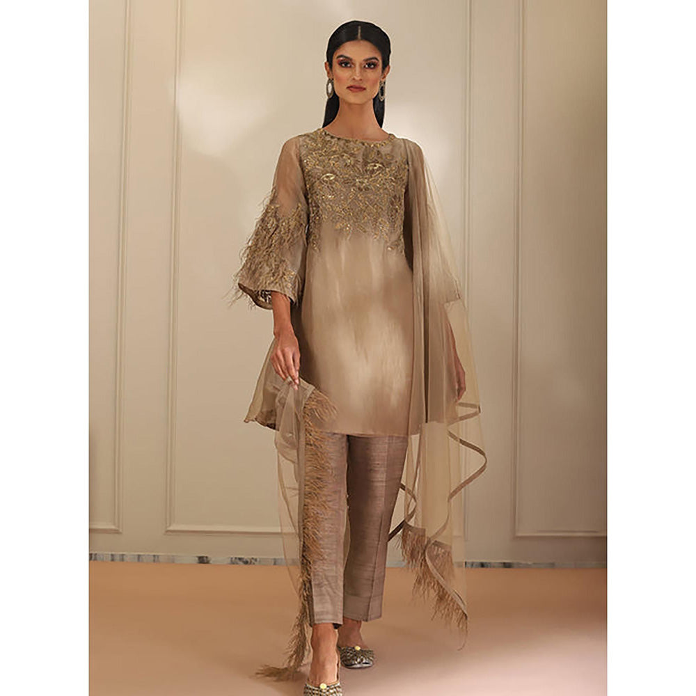 Omana by Ranjana Bothra Brown Embroidered Bell Sleeves Boat Neck Kurta With Pant And Dupatta