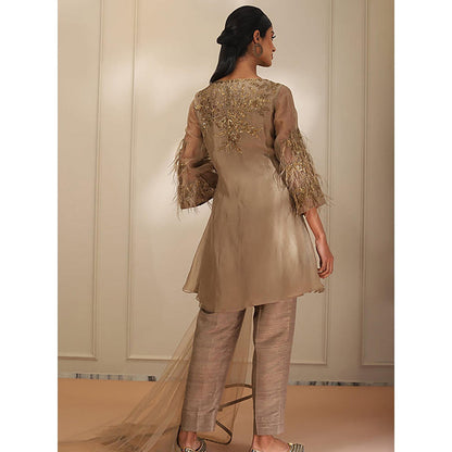 Omana by Ranjana Bothra Brown Embroidered Bell Sleeves Boat Neck Kurta With Pant And Dupatta
