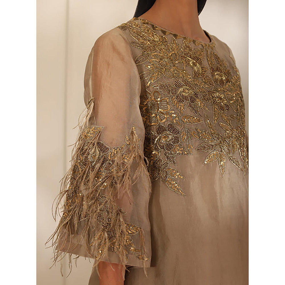 Omana by Ranjana Bothra Brown Embroidered Bell Sleeves Boat Neck Kurta With Pant And Dupatta