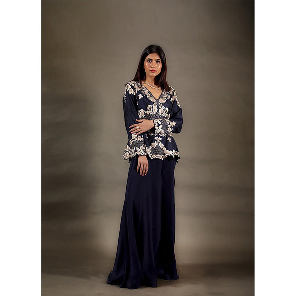 Omana by Ranjana Bothra Navy Blue Floral V-Neck Kurta With Palazzo