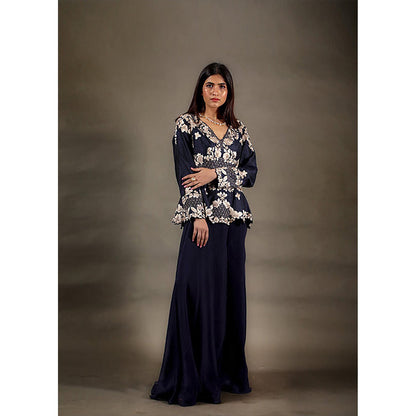 Omana by Ranjana Bothra Navy Blue Floral V-Neck Kurta With Palazzo