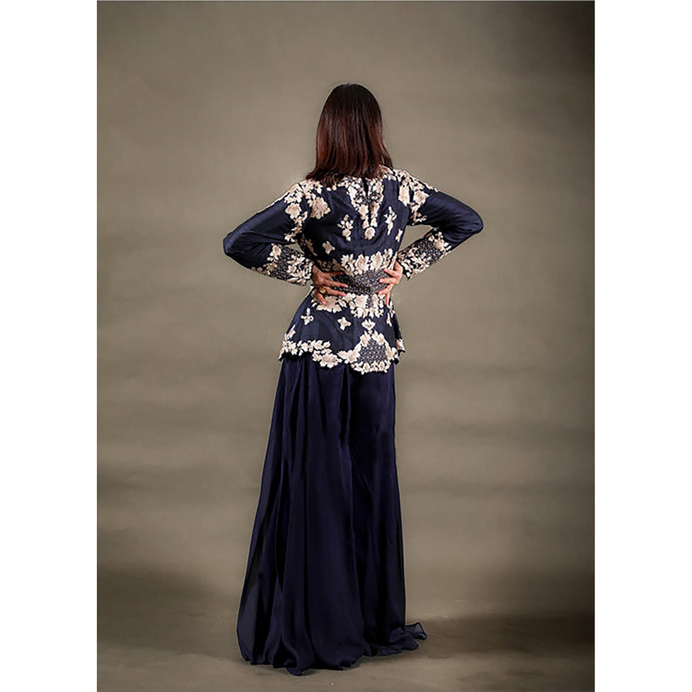 Omana by Ranjana Bothra Navy Blue Floral V-Neck Kurta With Palazzo