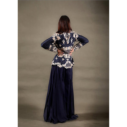 Omana by Ranjana Bothra Navy Blue Floral V-Neck Kurta With Palazzo