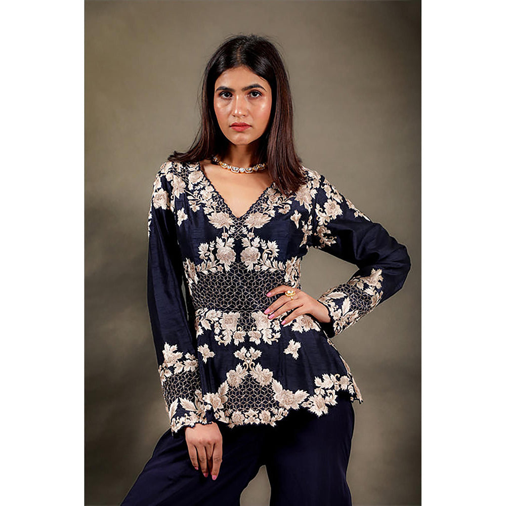 Omana by Ranjana Bothra Navy Blue Floral V-Neck Kurta With Palazzo