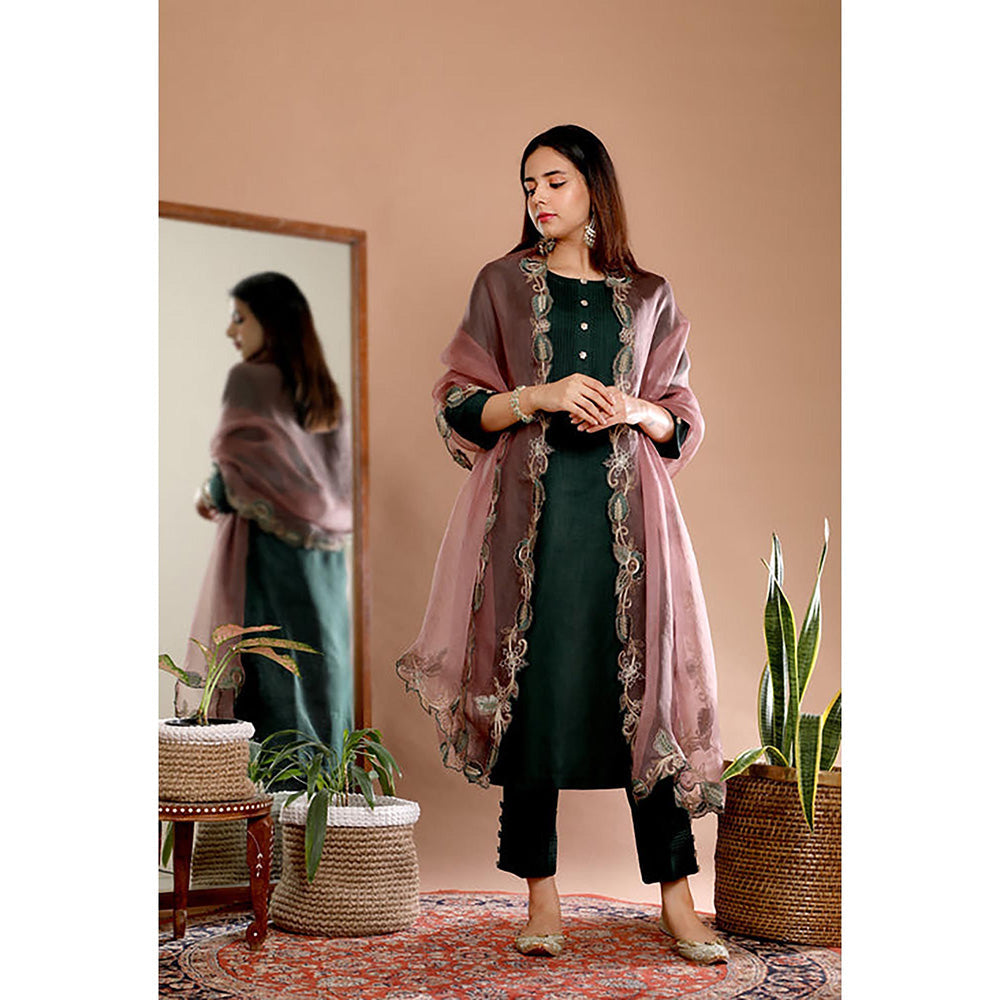Omana by Ranjana Bothra Green Solid/Plain Kurta With Pant And Dupatta