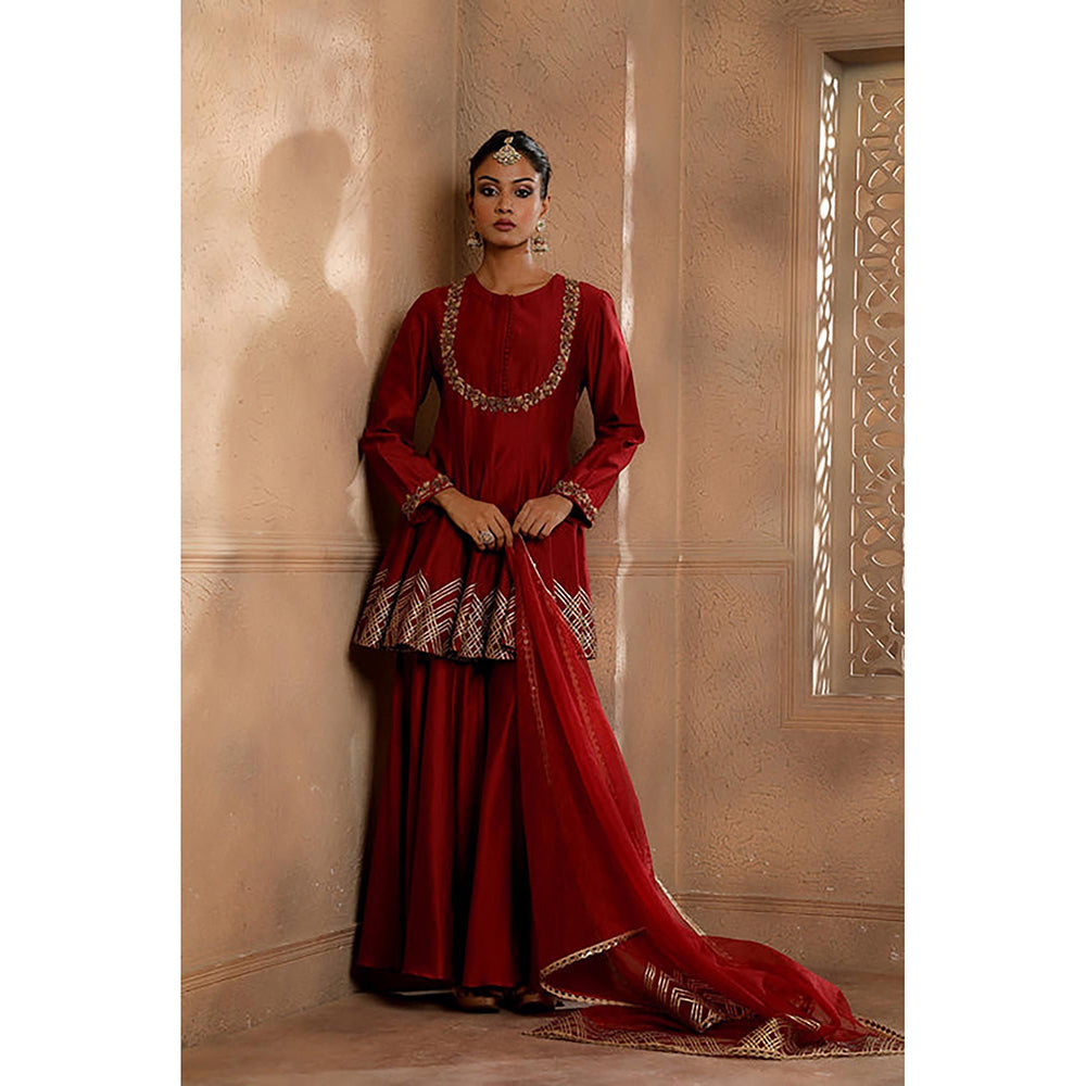 Omana by Ranjana Bothra Red Embroidered Kurta with Sharara and Dupatta