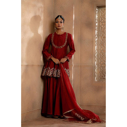 Omana by Ranjana Bothra Red Embroidered Kurta with Sharara and Dupatta