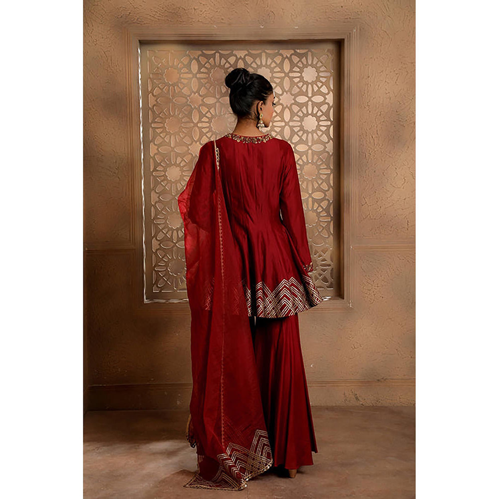 Omana by Ranjana Bothra Red Embroidered Kurta with Sharara and Dupatta