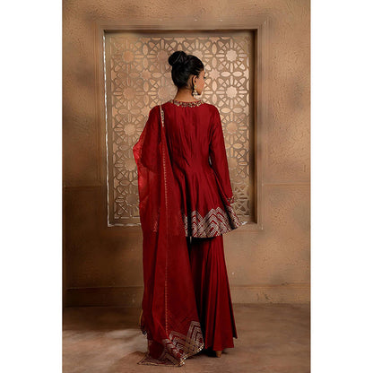 Omana by Ranjana Bothra Red Embroidered Kurta with Sharara and Dupatta