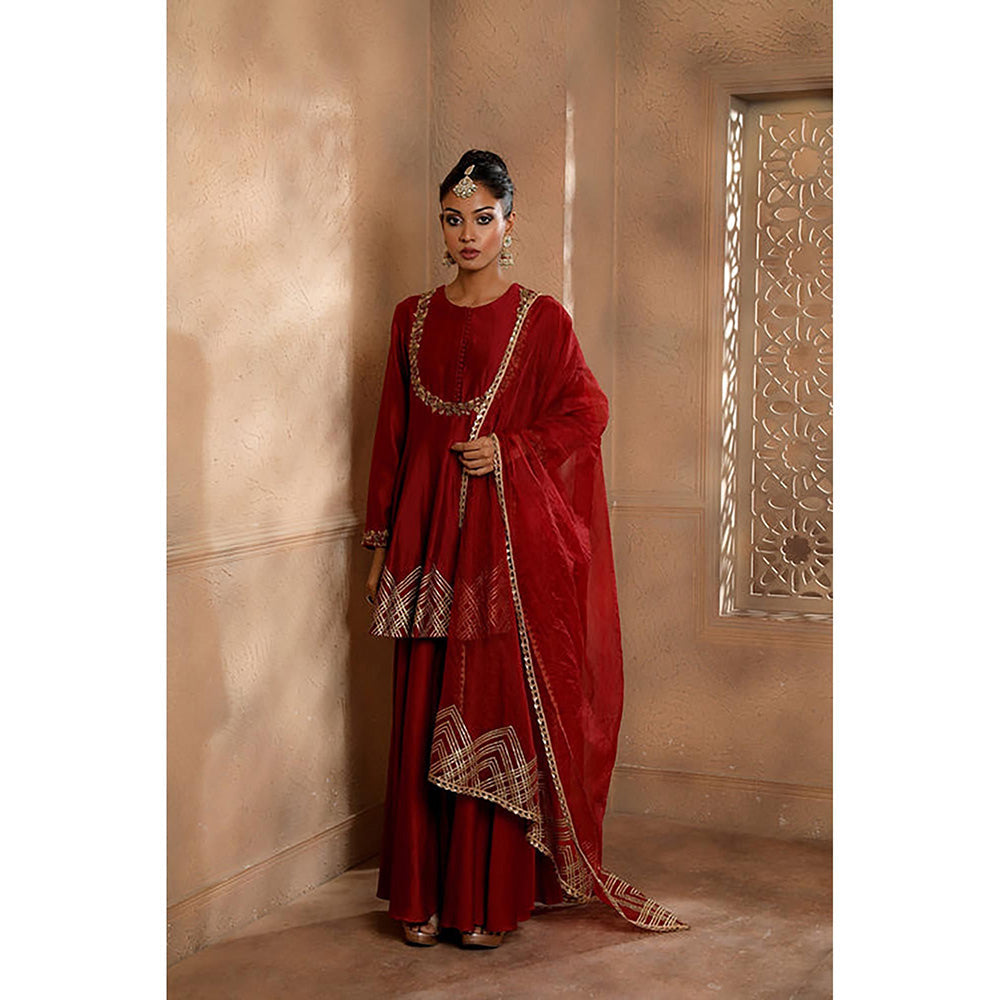 Omana by Ranjana Bothra Red Embroidered Kurta with Sharara and Dupatta