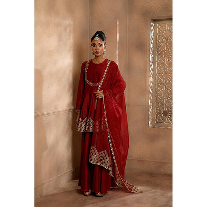 Omana by Ranjana Bothra Red Embroidered Kurta with Sharara and Dupatta