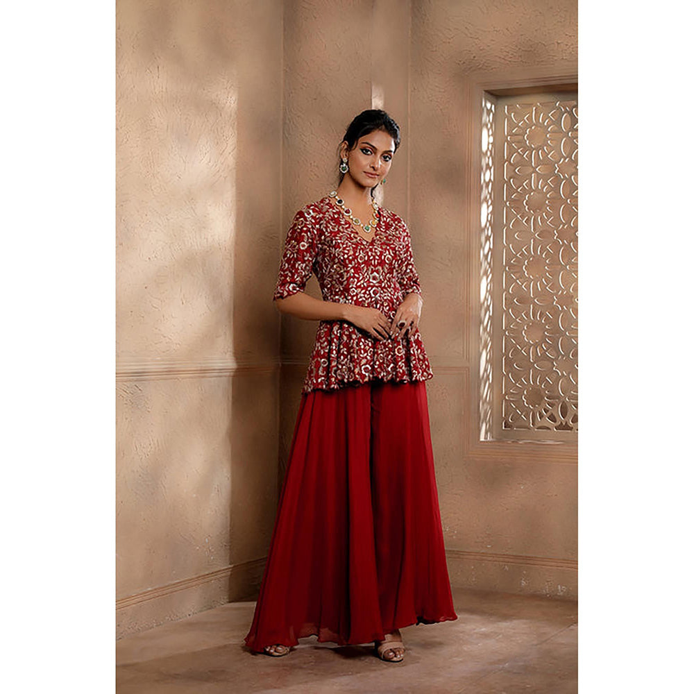 Omana by Ranjana Bothra Red Floral Half Sleeves V-Neck Kurta with Sharara