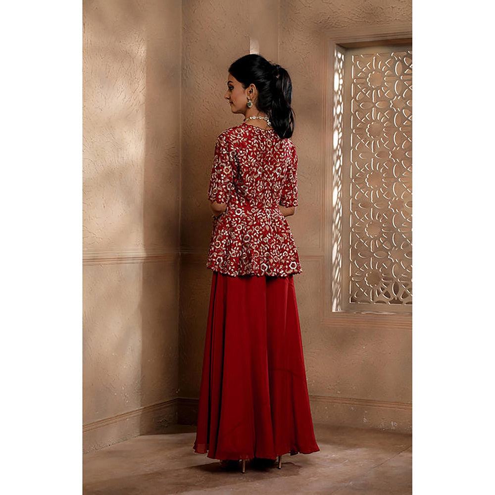 Omana by Ranjana Bothra Red Floral Half Sleeves V-Neck Kurta with Sharara