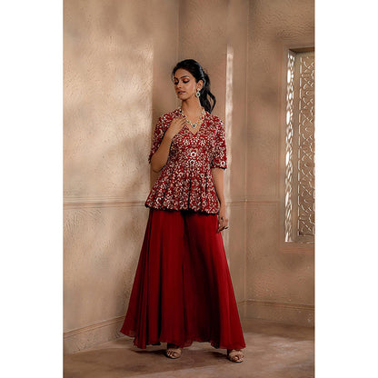 Omana by Ranjana Bothra Red Floral Half Sleeves V-Neck Kurta with Sharara