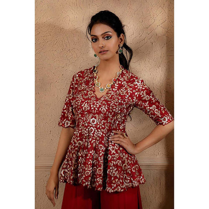 Omana by Ranjana Bothra Red Floral Half Sleeves V-Neck Kurta with Sharara