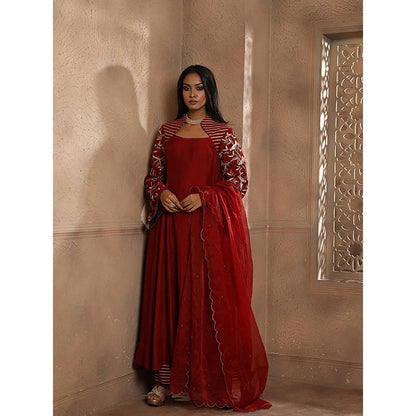 Omana by Ranjana Bothra Red Embroidered Kurta with Palazzo and Dupatta