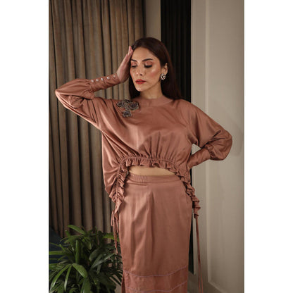 Omana by Ranjana Bothra Ivory Satin Round Neck Solid/Plain Top with Skirt