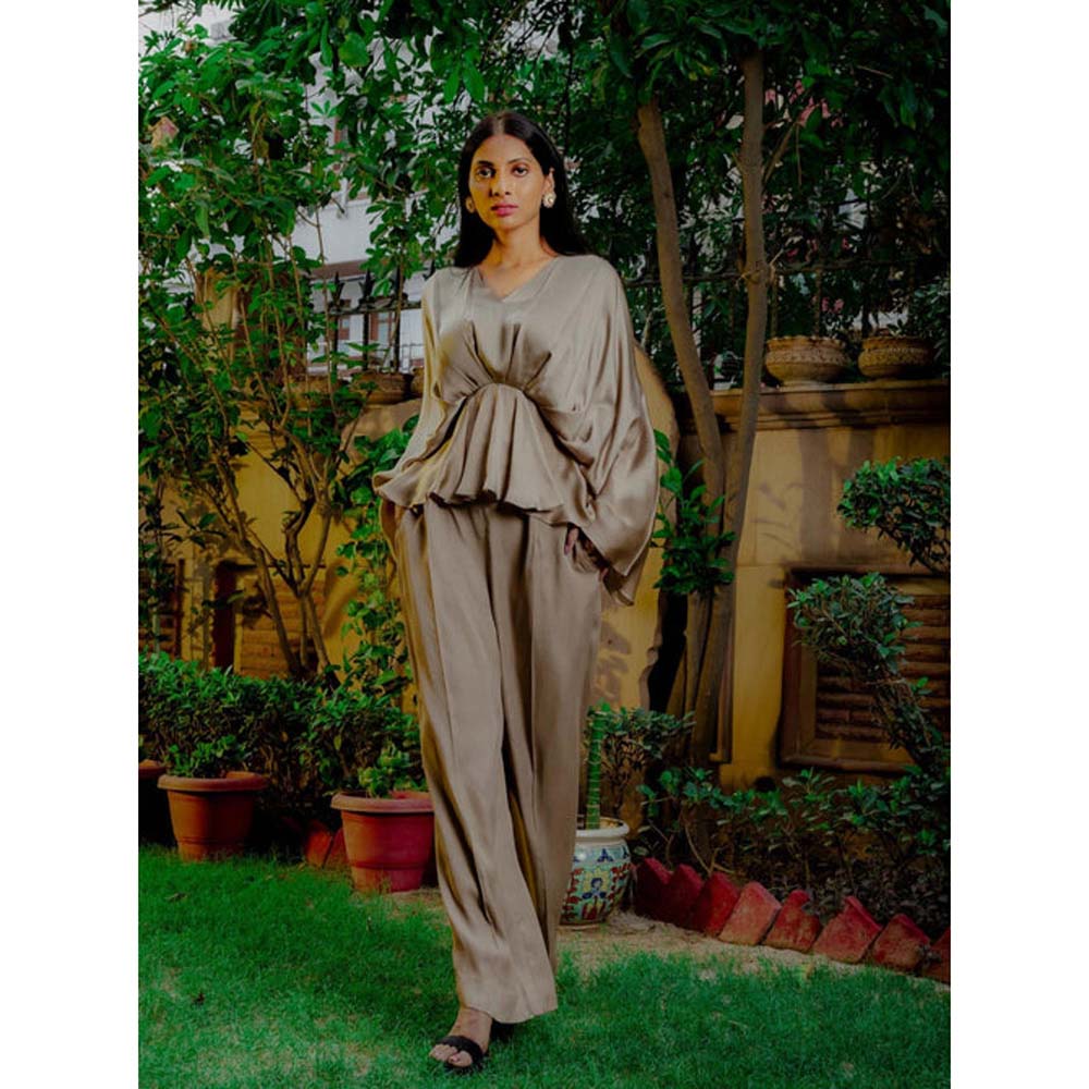 Omana by Ranjana Bothra Grey Satin V-Neck Co-Ord Set