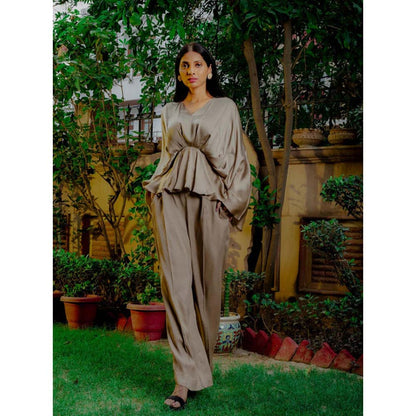 Omana by Ranjana Bothra Grey Satin V-Neck Co-Ord Set