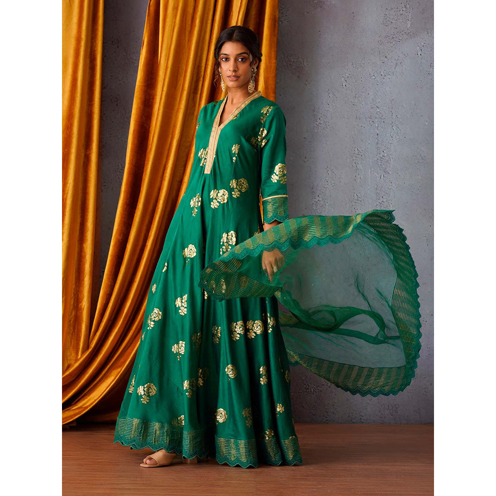 OMI Emerald Green Sequin Embroidered Flared Panelled Anarkali Kurta with Dupatta (Set of 2)