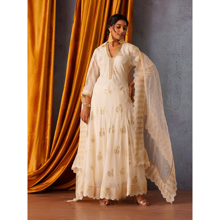 OMI Off White Sequin Embroidered Flared Panelled Anarkali Kurta with Dupatta (Set of 2)