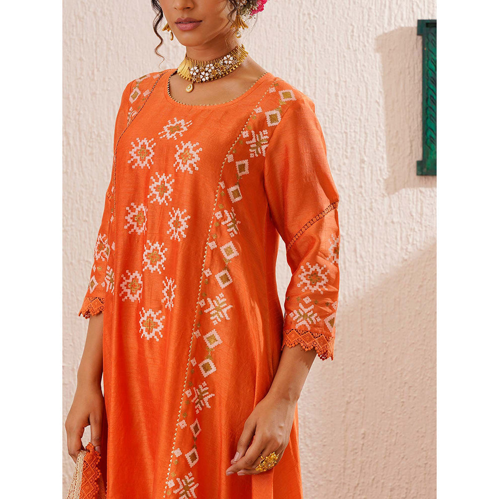 OMI Orange Block Printed Panelled Anarkali Kurta with Pant and Dupatta (Set of 3)