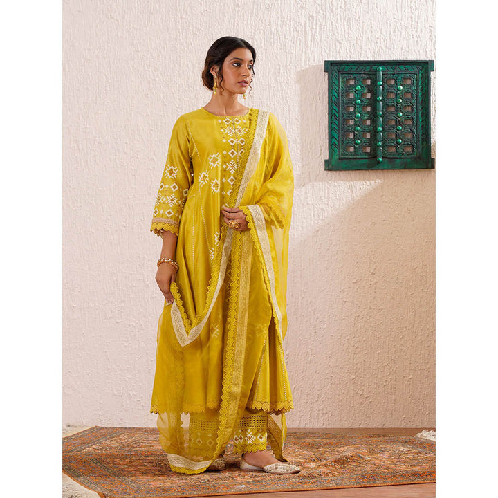OMI Lime Yellow Block Printed Anarkali Kurta with Slip, Pant and Dupatta (Set of 4)