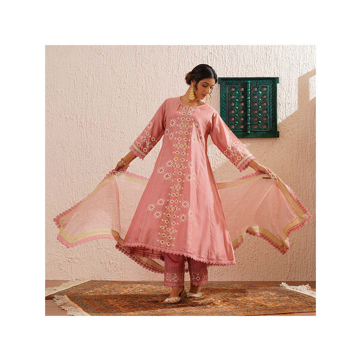 OMI Pink Block Printed Anarkali Kurta with Slip, Pant and Dupatta (Set of 4)