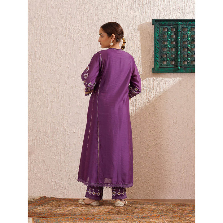 OMI Purple Block Printed Anarkali Kurta with Slip, Pant and Dupatta (Set of 4)