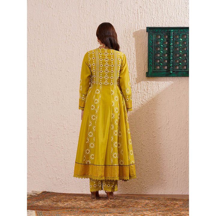 OMI Lime Yellow Block Printed Angrakha Kurta with Pant and Dupatta (Set of 3)