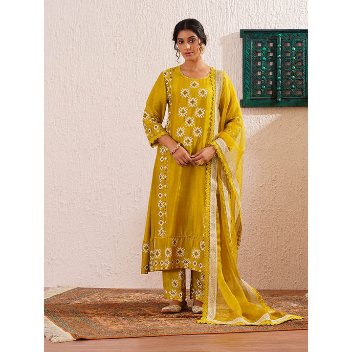 OMI Lime Yellow Panelled Kurta with Pant and Dupatta (Set of 3)
