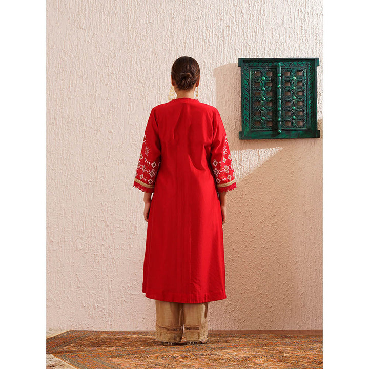 OMI Red Block Printed Kurta with Pant and Jacket (Set of 3)