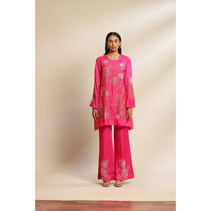 One Not Two Hot Pink Viscose Silk Kurta & Pant with Floral Embroidery & Sleeve (Set of 2)