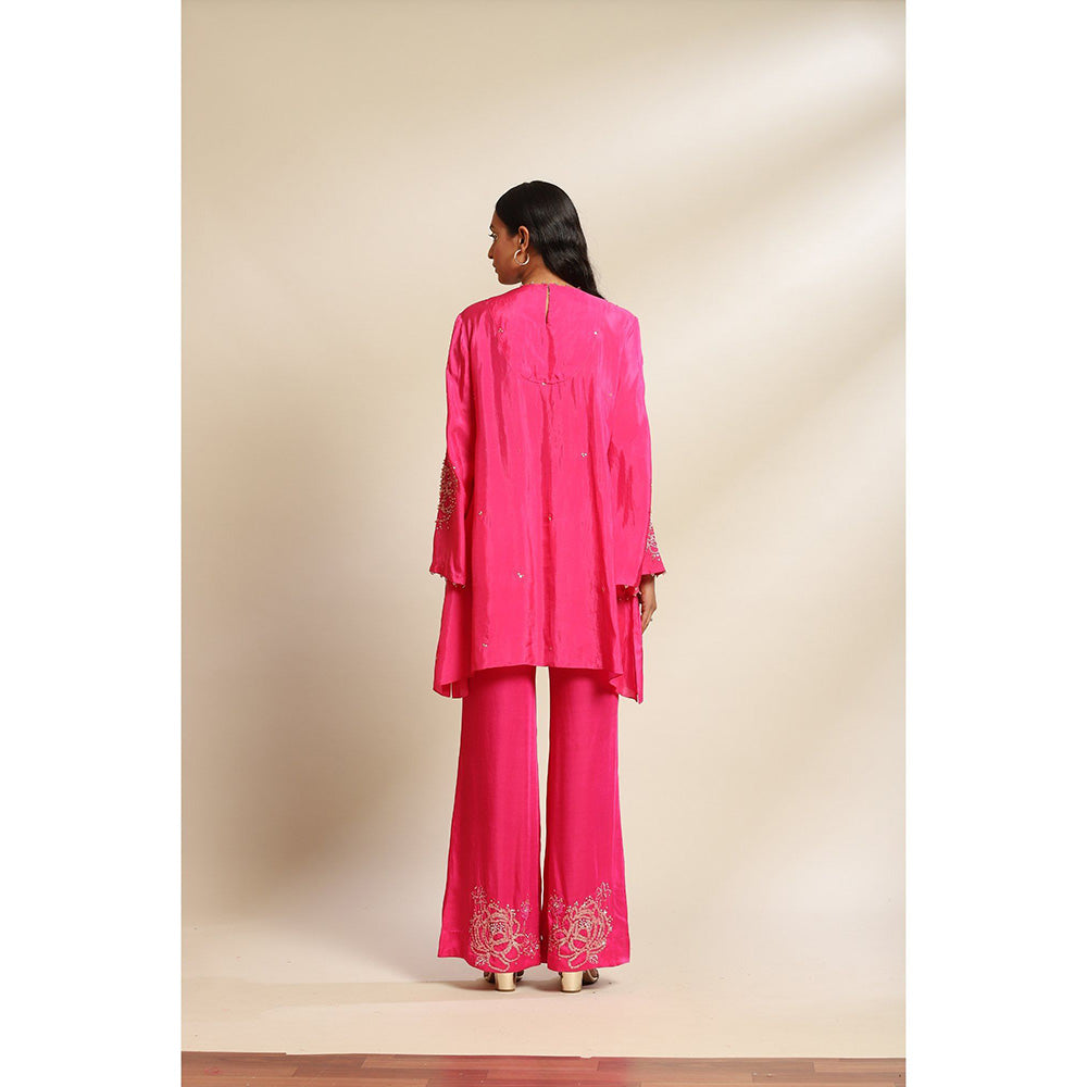 One Not Two Hot Pink Viscose Silk Kurta & Pant with Floral Embroidery & Sleeve (Set of 2)