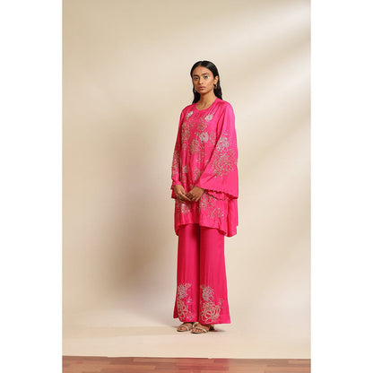 One Not Two Hot Pink Viscose Silk Kurta & Pant with Floral Embroidery & Sleeve (Set of 2)